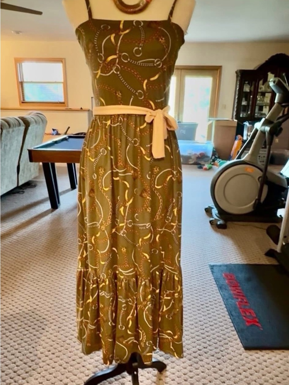 Olive Chain-Print Spaghetti Strap Maxi Dress with Tie Waist